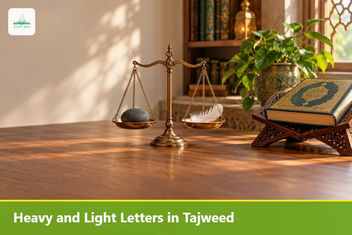 Brass balance scale with a stone and a feather beside a Quran, representing heavy and light letters