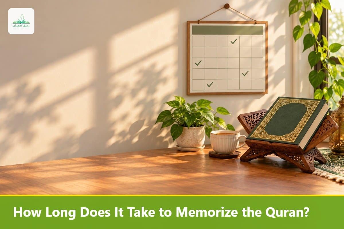 Wall calendar with green check marks above a Quran, tracking daily memorization