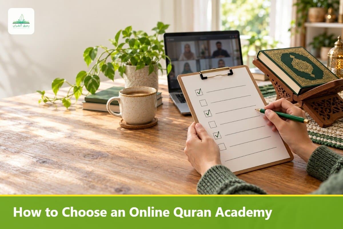 Parent reviewing a checklist while choosing an online Quran academy