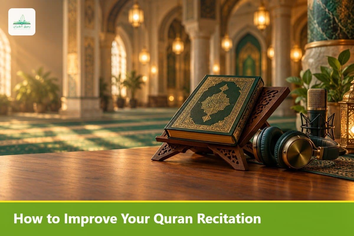 Quran on a wooden stand with headphones and a microphone for recitation practice