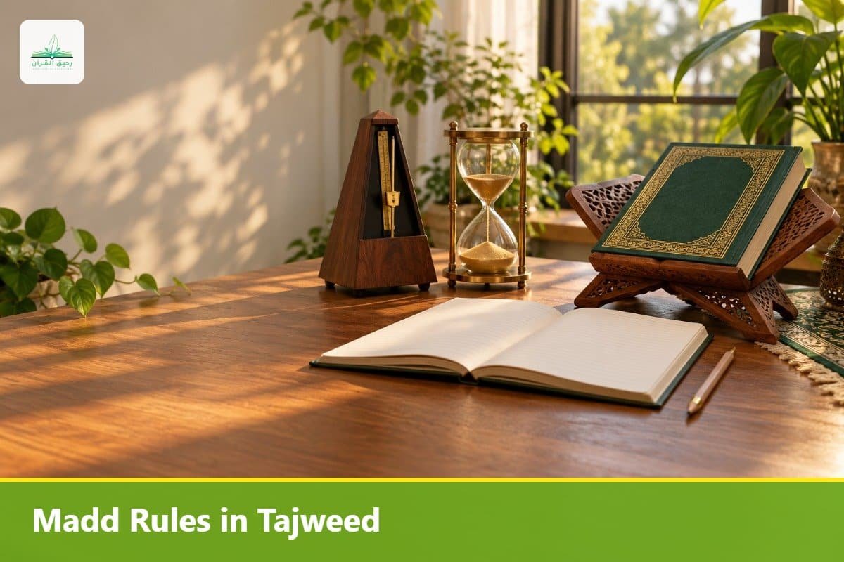 Metronome and hourglass beside a Quran, representing the timing of Madd in Tajweed