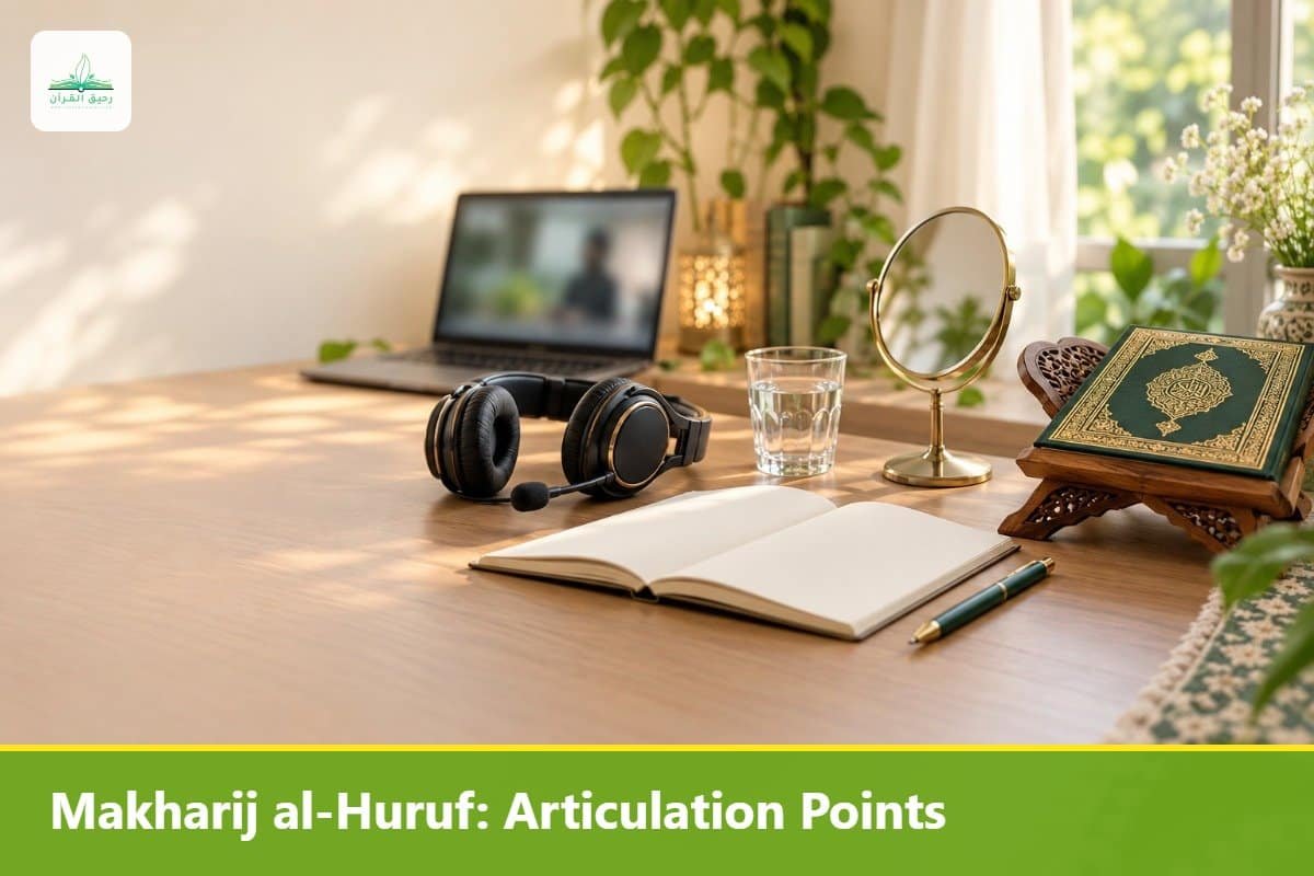 Desk set up for practising Arabic letter pronunciation with headphones, a mirror and a Quran