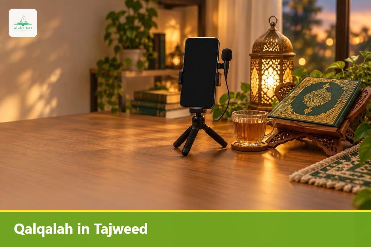 Phone and microphone set up to record Quran recitation practice beside a Quran