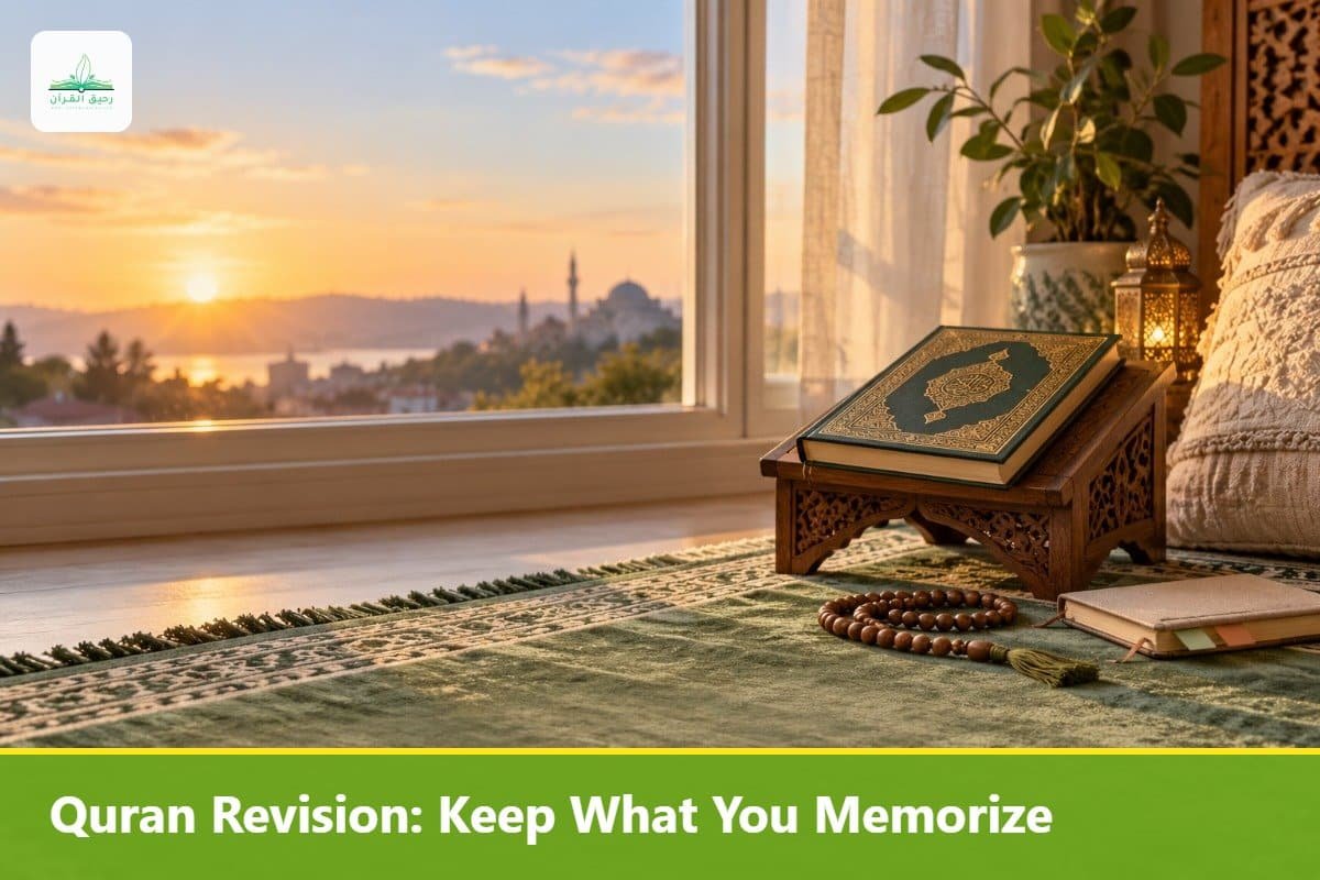 Prayer corner at dawn with a Quran on a stand, prayer rug and beads for daily revision