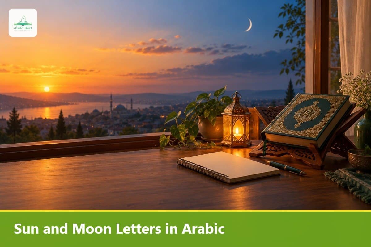 Desk at dusk with the sun and a crescent moon in the window beside a Quran