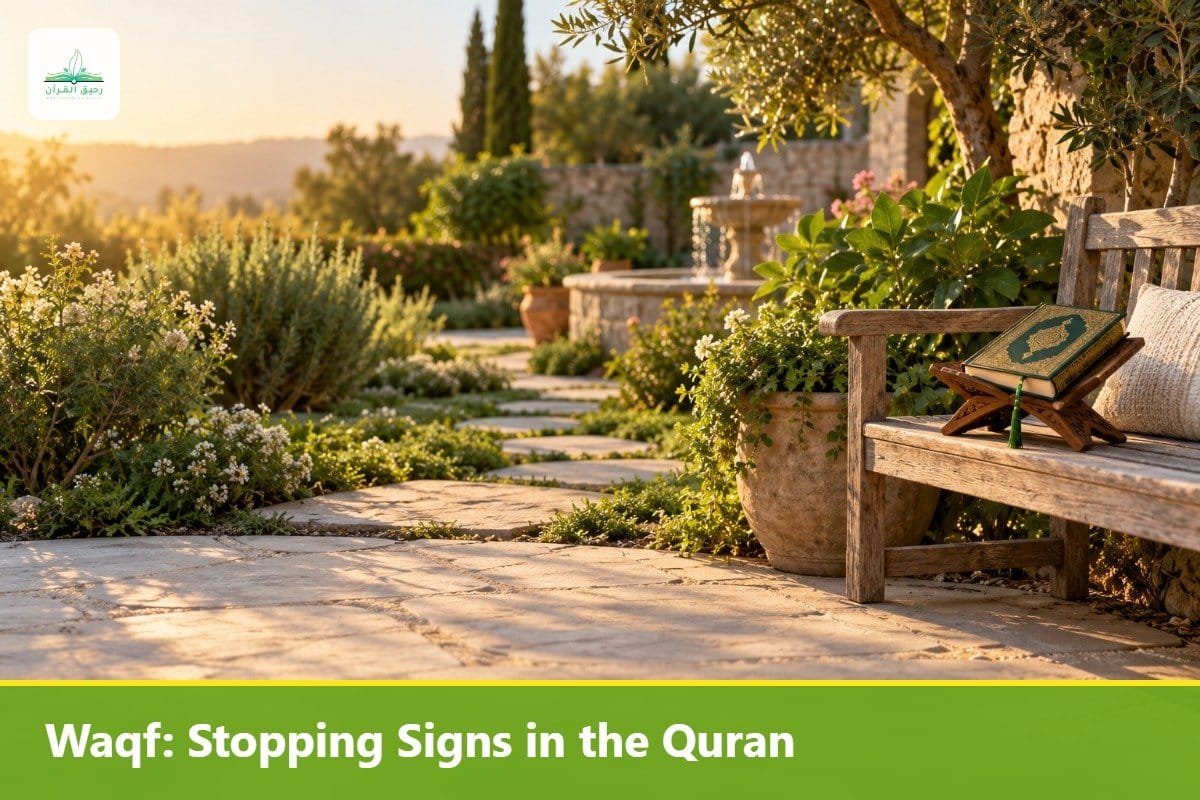 Garden path with a bench and a Quran on a stand, a place to pause