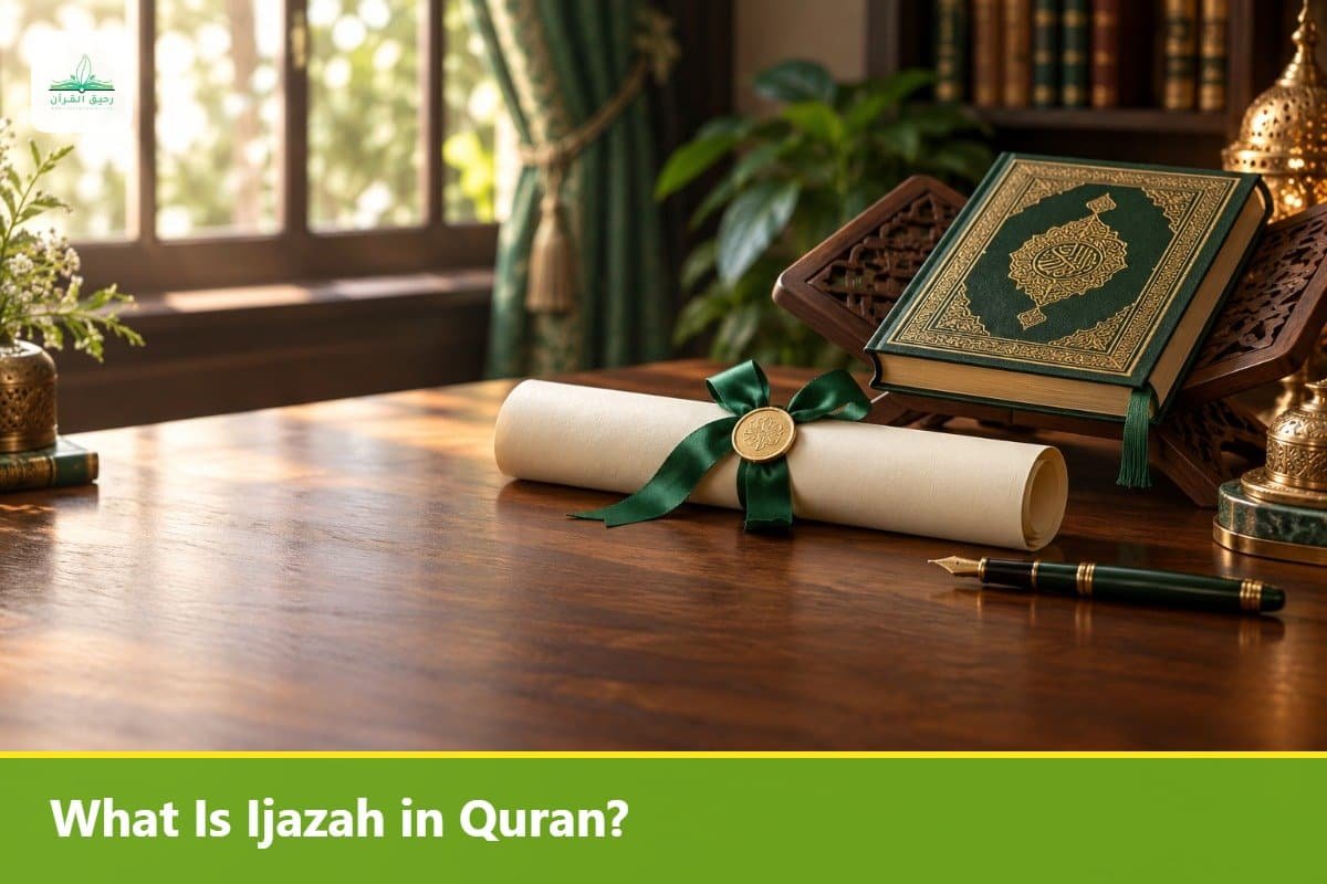 Rolled Ijazah certificate with a green ribbon beside a Quran on a wooden stand